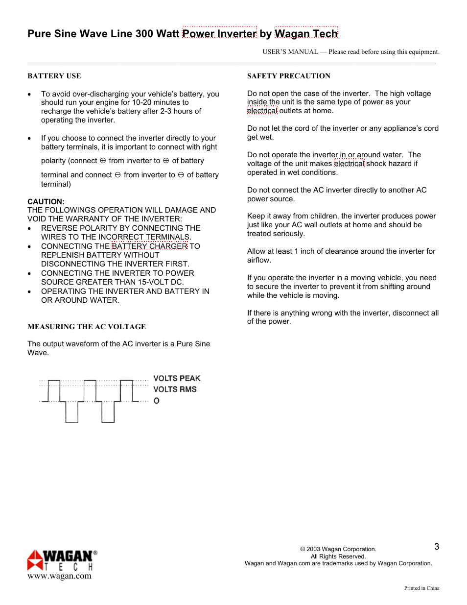 Wagan PRO LINE 300 WATT POWER INVERTER 300300300 User Manual | Page 3 / 5