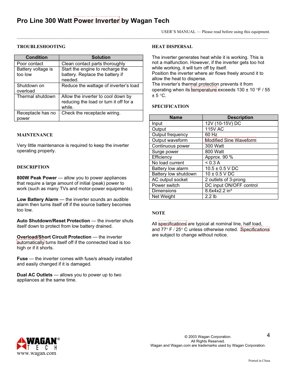 Pro line 300 watt power inverter b y wagan tech | Wagan PRO LINE 300 WATT POWER INVERTER 300300300 User Manual | Page 4 / 5