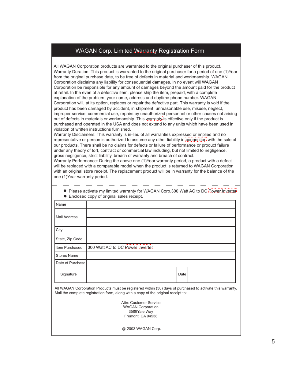 W agan corp. limited warranty registration form | Wagan PRO LINE 300 WATT POWER INVERTER 300300300 User Manual | Page 5 / 5