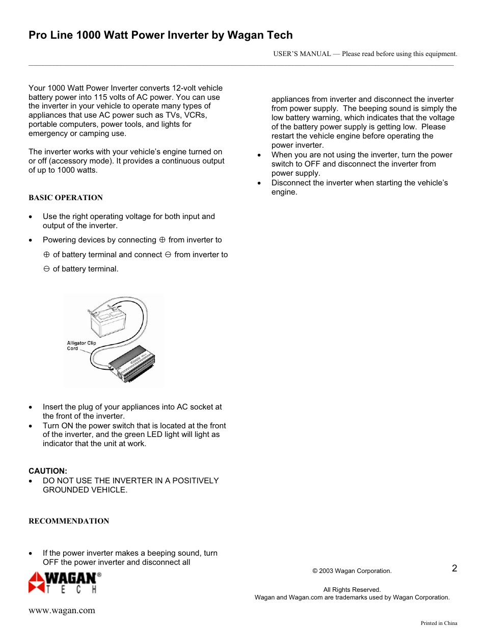 Pro line 1000 watt power inverter by wagan tech | Wagan 9751 User Manual | Page 2 / 5