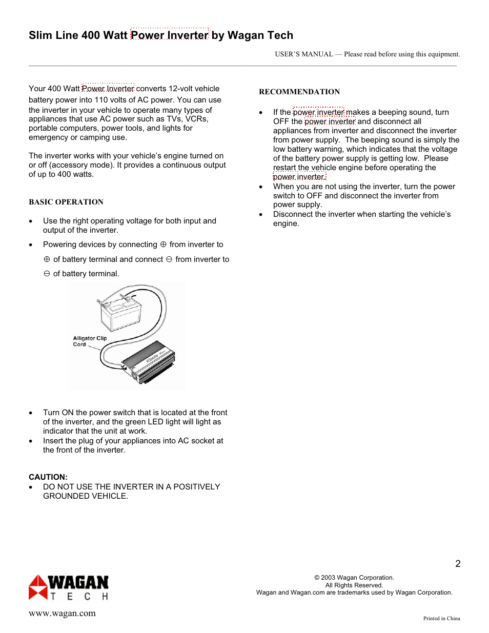 Slim line 400 watt power inverter by wagan tech | Wagan 400 watt User Manual | Page 2 / 6