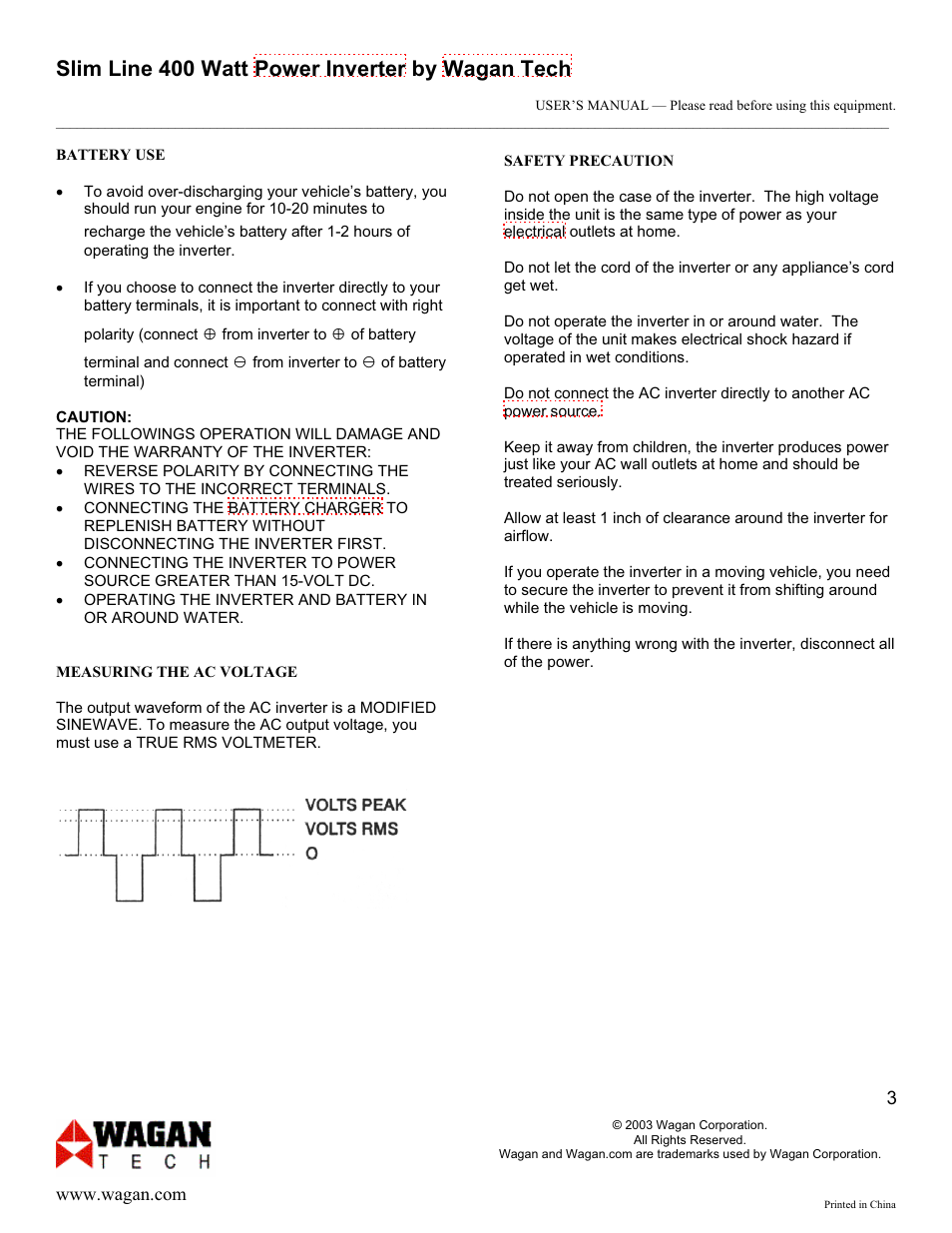 Slim line 400 watt power inverter by wagan tech | Wagan 400 watt User Manual | Page 3 / 6
