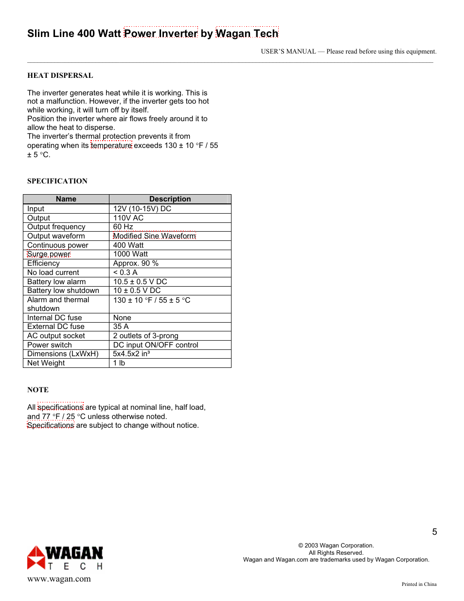 Slim line 400 watt power inverter by wagan tech | Wagan 400 watt User Manual | Page 5 / 6