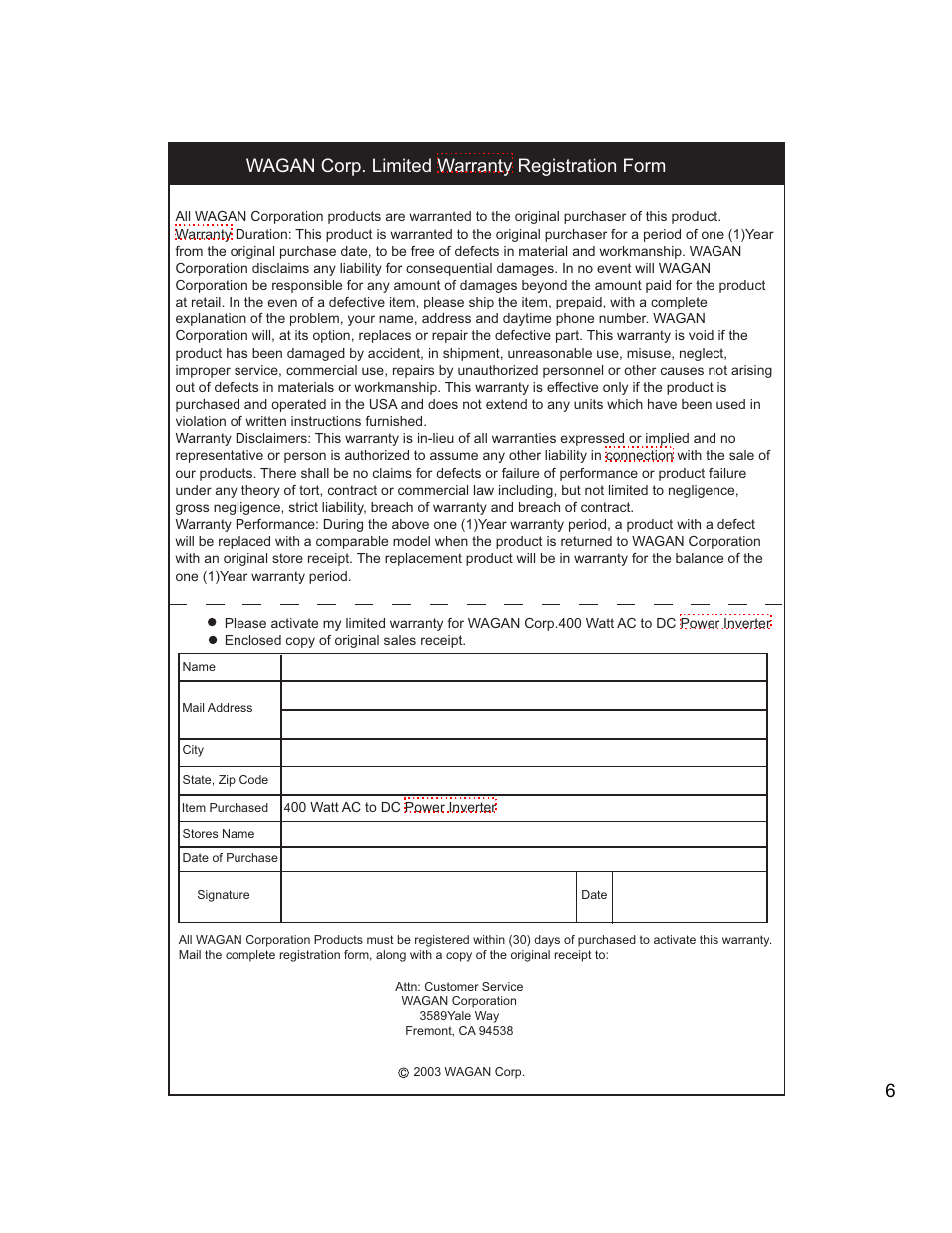 W agan corp. limited warranty registration form | Wagan 400 watt User Manual | Page 6 / 6