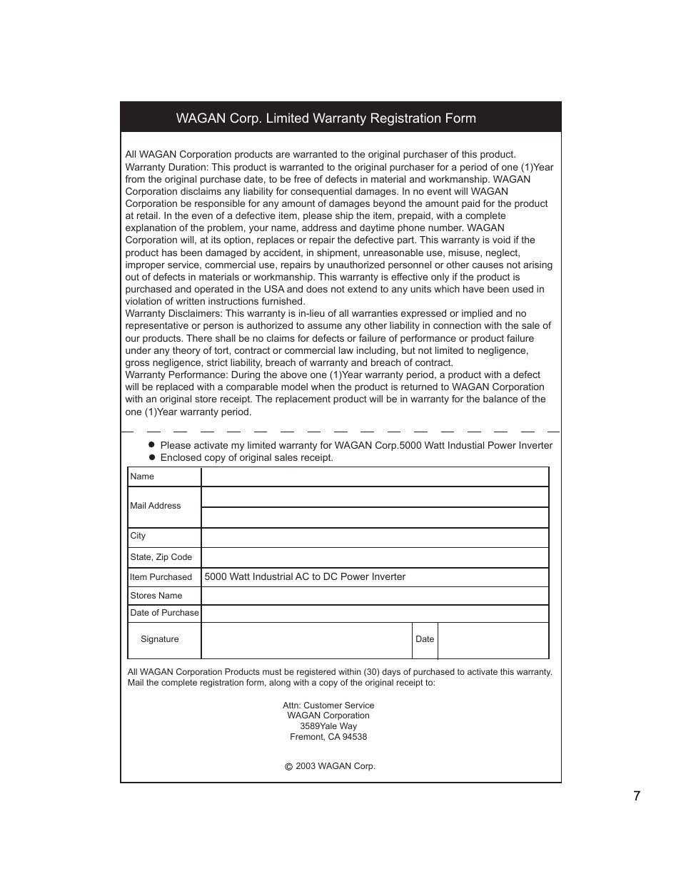 Wagan corp. limited warranty registration form | Wagan AC INVERTERF User Manual | Page 7 / 7