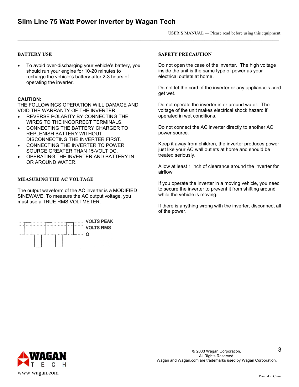 Slim line 75 watt power inverter by wagan tech | Wagan SLIM LINE 9925 User Manual | Page 3 / 5