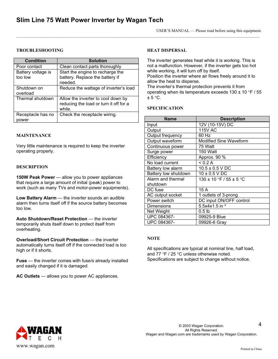 Slim line 75 watt power inverter by wagan tech | Wagan SLIM LINE 9925 User Manual | Page 4 / 5