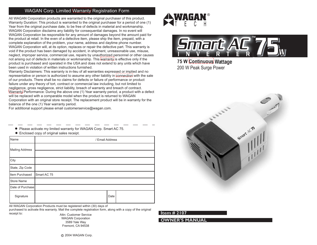 Wagan 2107 User Manual | 2 pages