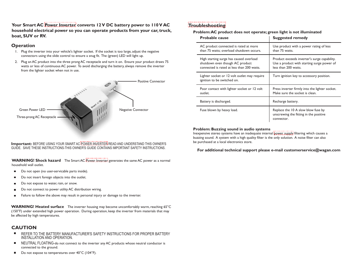 Caution, Operation, Troubleshooting | Wagan 2107 User Manual | Page 2 / 2
