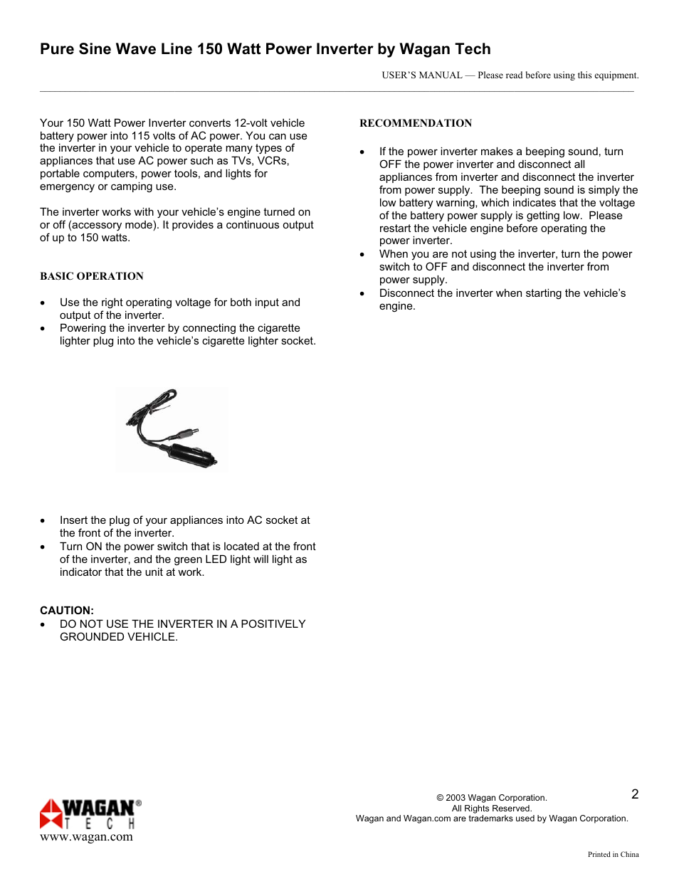 Wagan PURE SINE WAVE INVERTER 9754 User Manual | Page 2 / 5