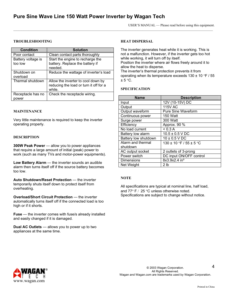Wagan PURE SINE WAVE INVERTER 9754 User Manual | Page 4 / 5