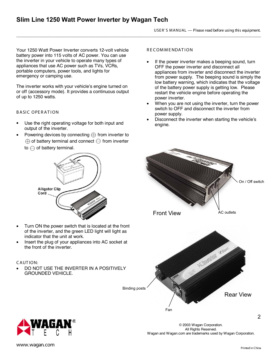 Slim line 1250 watt power inverter by wagan tech, Front view rear view | Wagan ower Inverter User Manual | Page 2 / 6