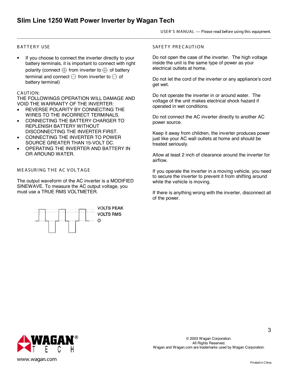 Slim line 1250 watt power inverter by wagan tech | Wagan ower Inverter User Manual | Page 3 / 6