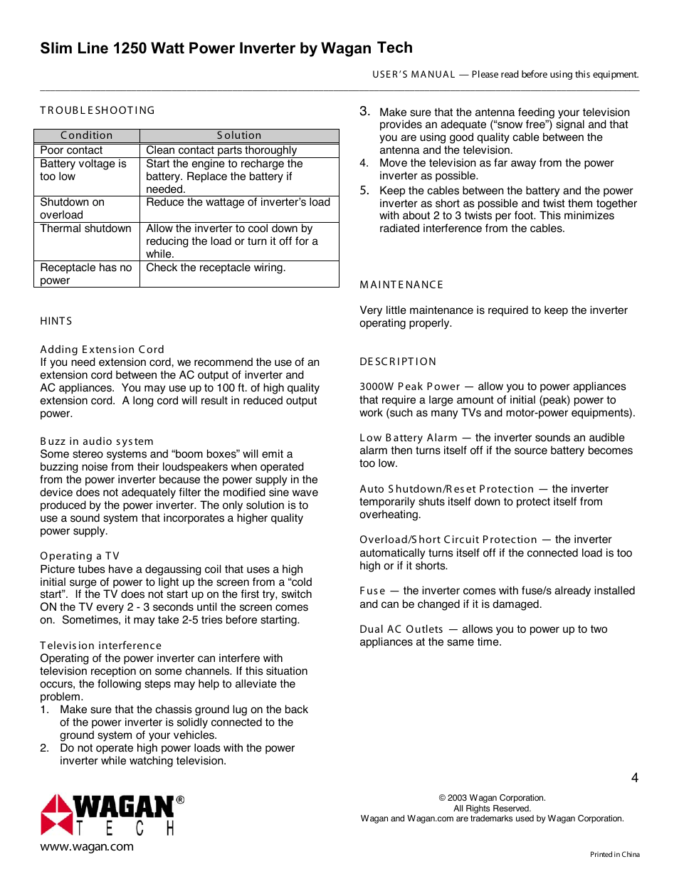 Slim line 1250 watt power inverter by wagan tech | Wagan ower Inverter User Manual | Page 4 / 6