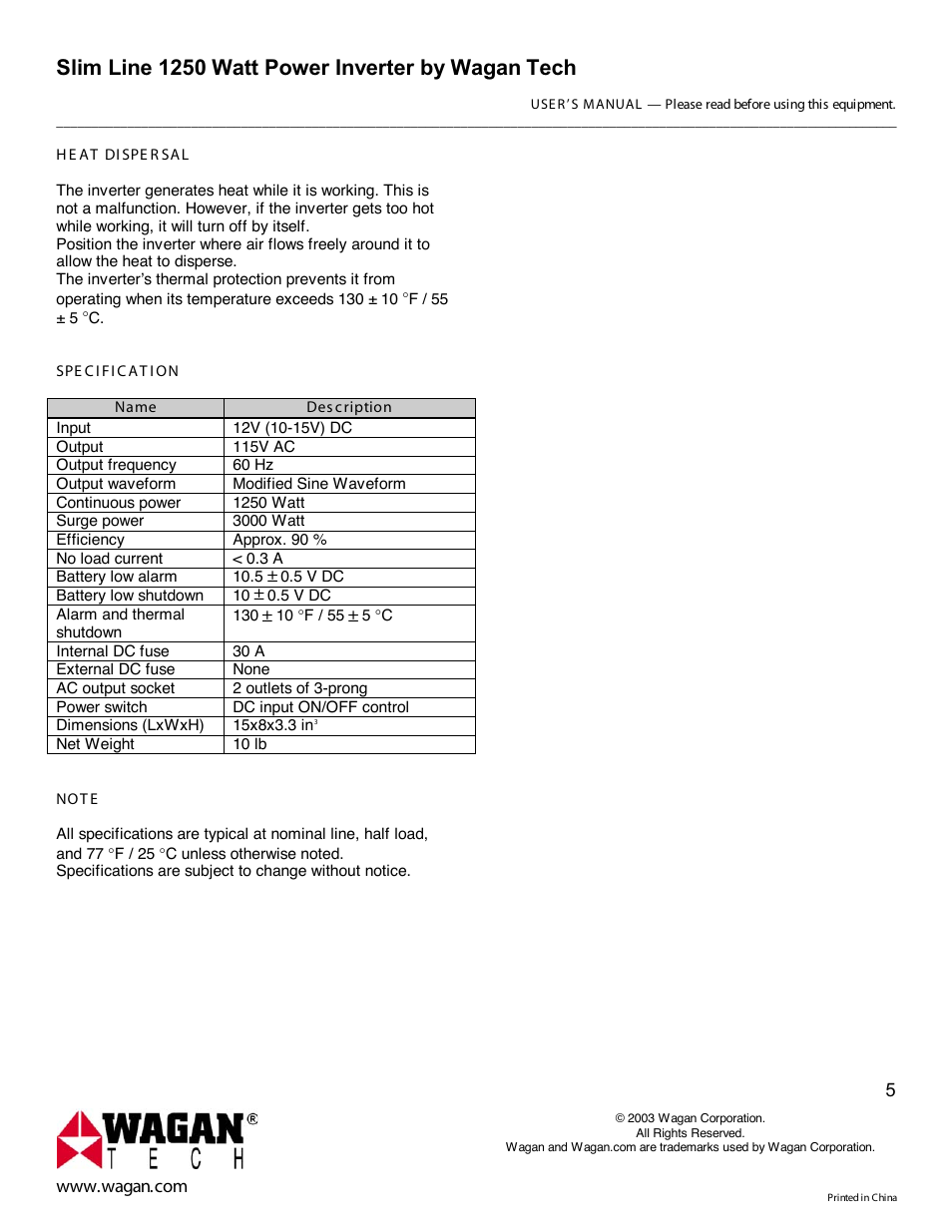 Slim line 1250 watt power inverter by wagan tech | Wagan ower Inverter User Manual | Page 5 / 6