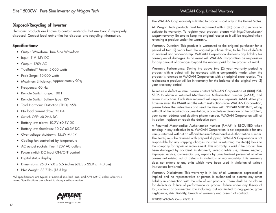 Elite, 5000w—pure sine inverter by wagan tech, Disposal/recycling of inverter | Specifications | Wagan Elite 5000 W User Manual | Page 10 / 11