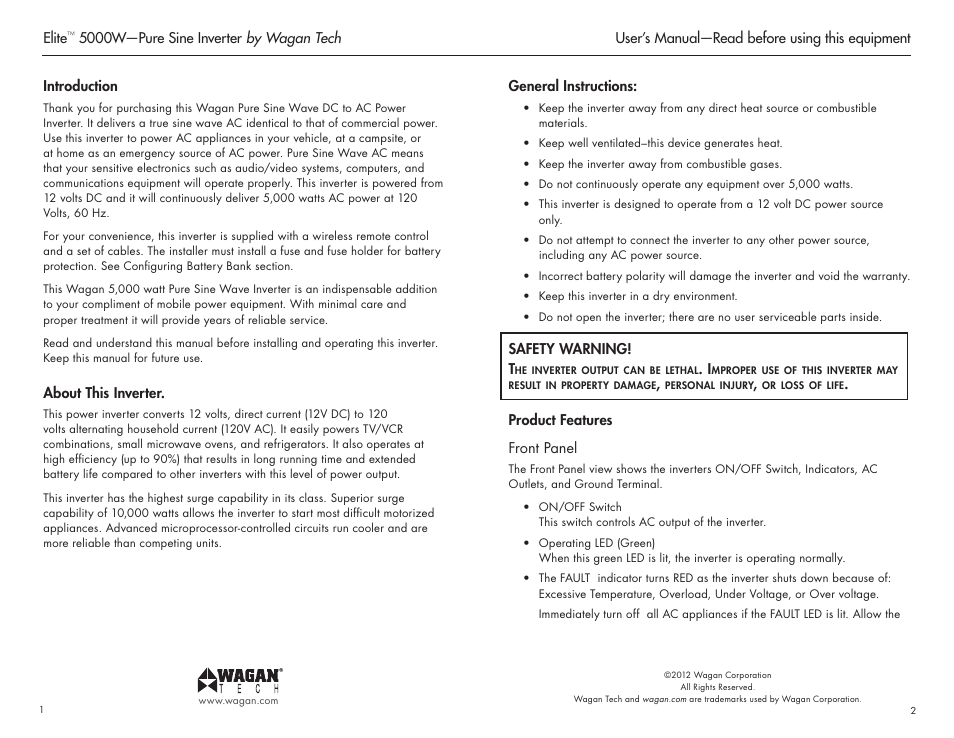 Wagan Elite 5000 W User Manual | Page 2 / 11