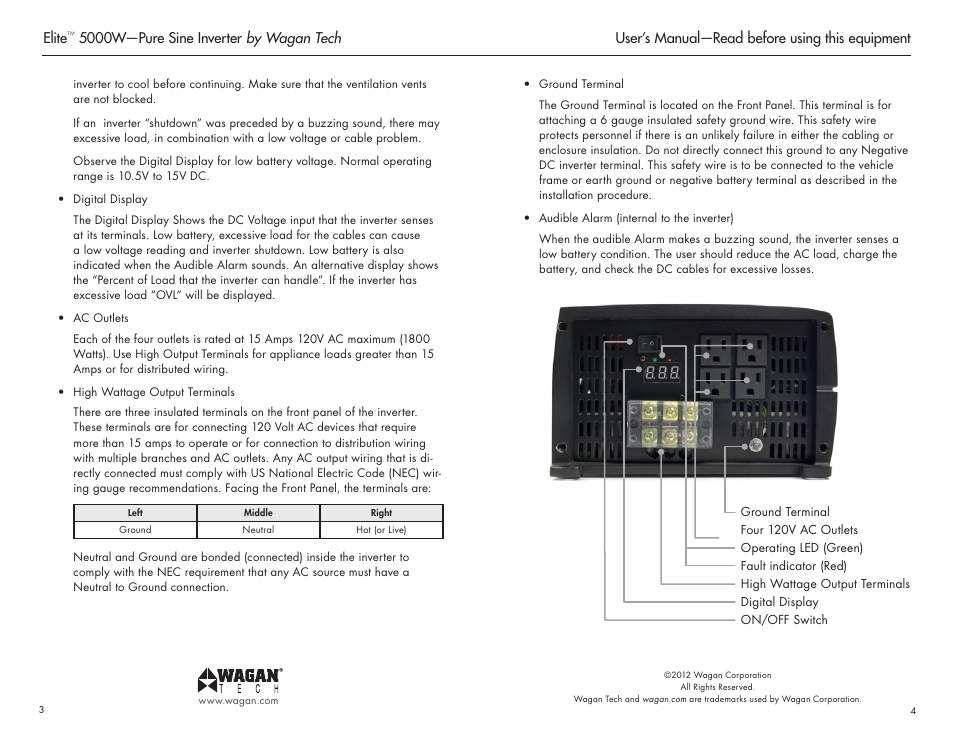 Elite, 5000w—pure sine inverter by wagan tech, User’s manual—read before using this equipment | Wagan Elite 5000 W User Manual | Page 3 / 11