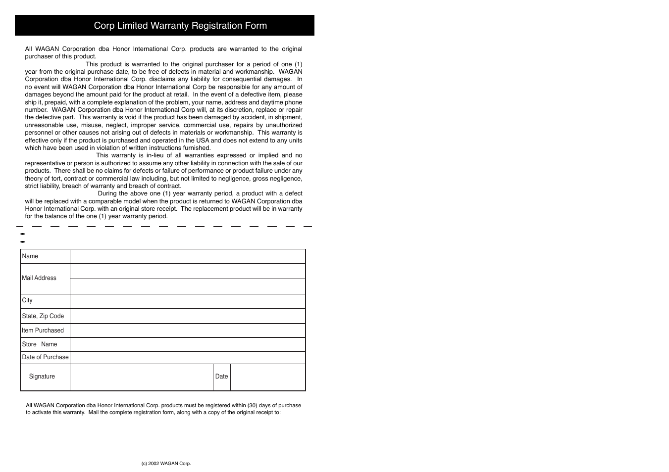 Wagan corp limited warranty registration form | Wagan 2083 User Manual | Page 3 / 3