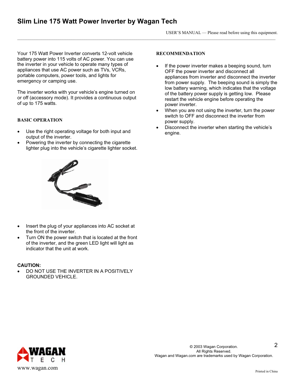 Slim line 175 watt power inverter by wagan tech | Wagan 175 Watt AC to DC Power Inverter User Manual | Page 2 / 5