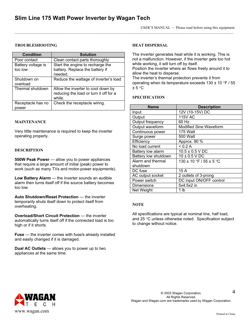 Slim line 175 watt power inverter by wagan tech | Wagan 175 Watt AC to DC Power Inverter User Manual | Page 4 / 5