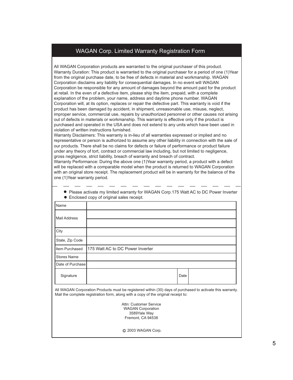 Wagan corp. limited warranty registration form | Wagan 175 Watt AC to DC Power Inverter User Manual | Page 5 / 5