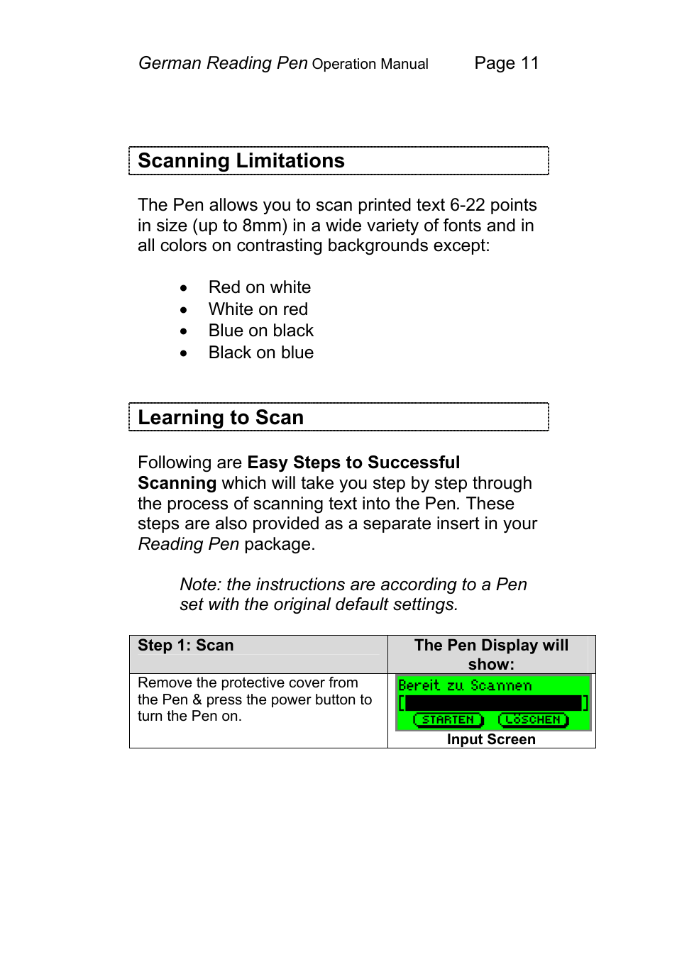 Scanning limitations, Learning to scan | Wizcom Pen Scanner User Manual | Page 11 / 59