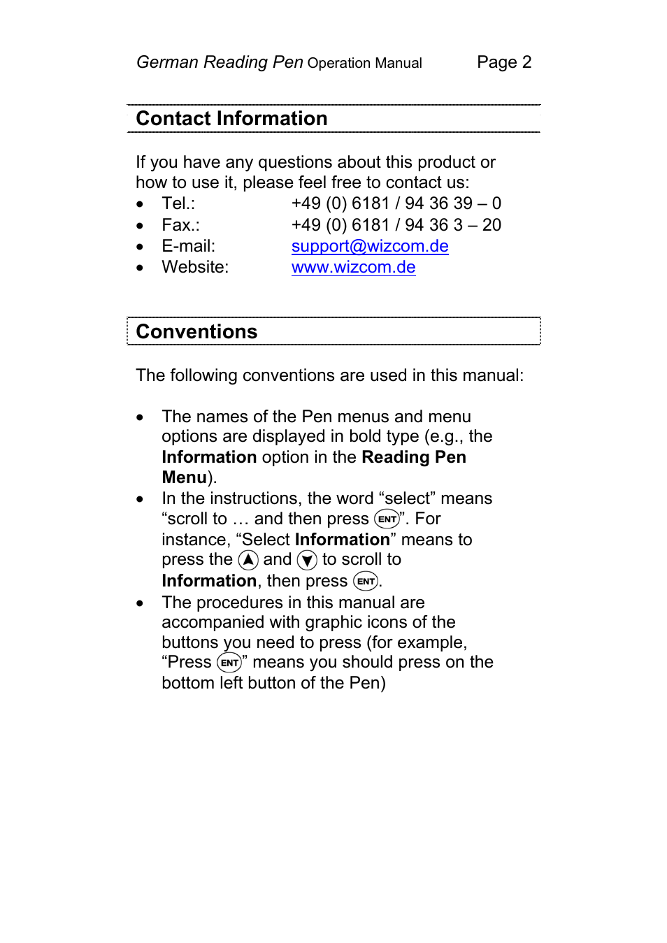 Contact information, Conventions | Wizcom Pen Scanner User Manual | Page 2 / 59