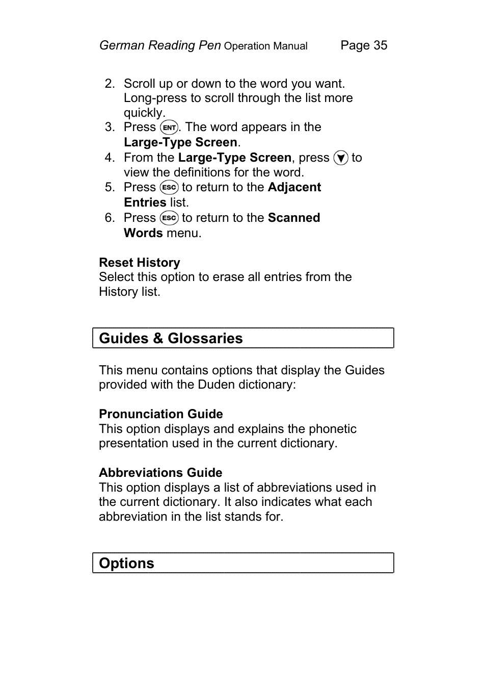 Guides & glossaries, Options | Wizcom Pen Scanner User Manual | Page 35 / 59