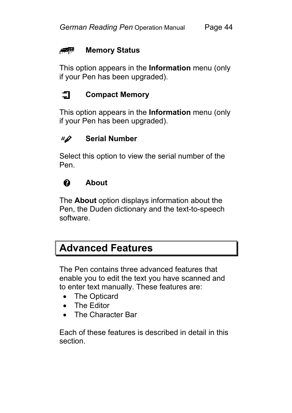 Advanced features | Wizcom Pen Scanner User Manual | Page 44 / 59