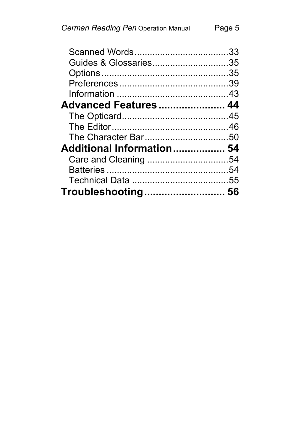Advanced features, Additional information, Troubleshooting | Wizcom Pen Scanner User Manual | Page 5 / 59