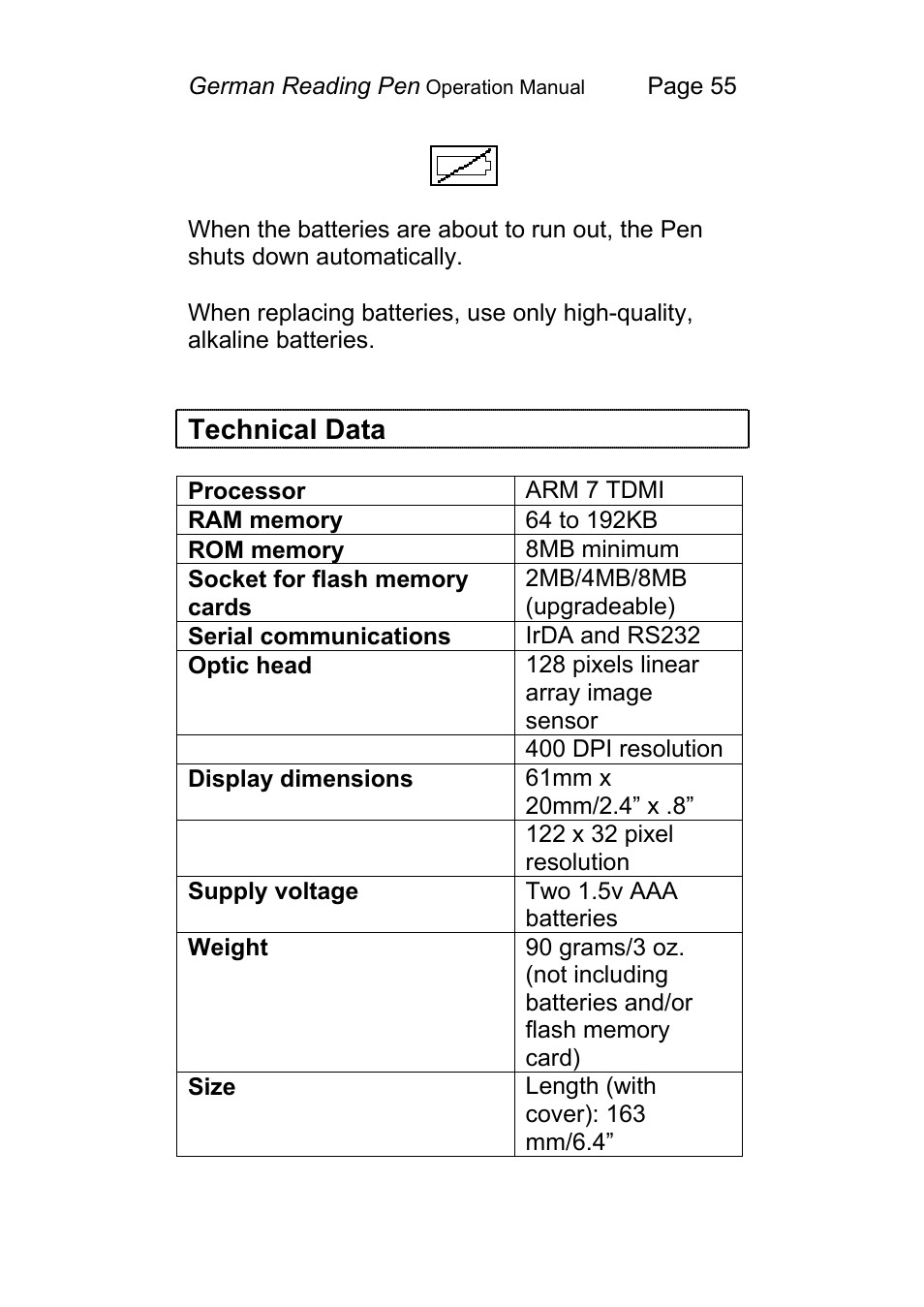 Technical data | Wizcom Pen Scanner User Manual | Page 55 / 59