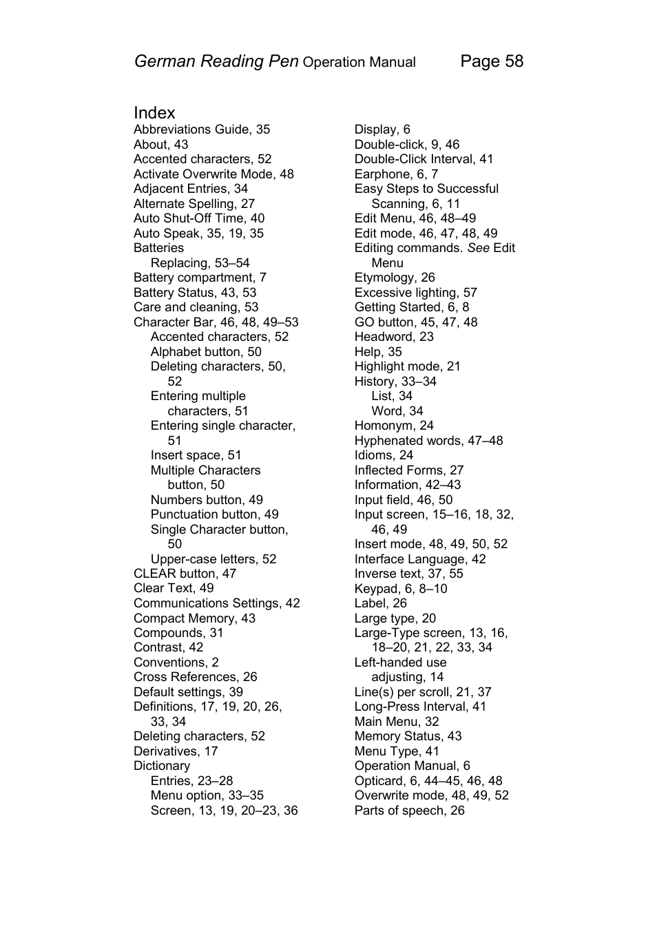 German reading pen, Page 58 index | Wizcom Pen Scanner User Manual | Page 58 / 59