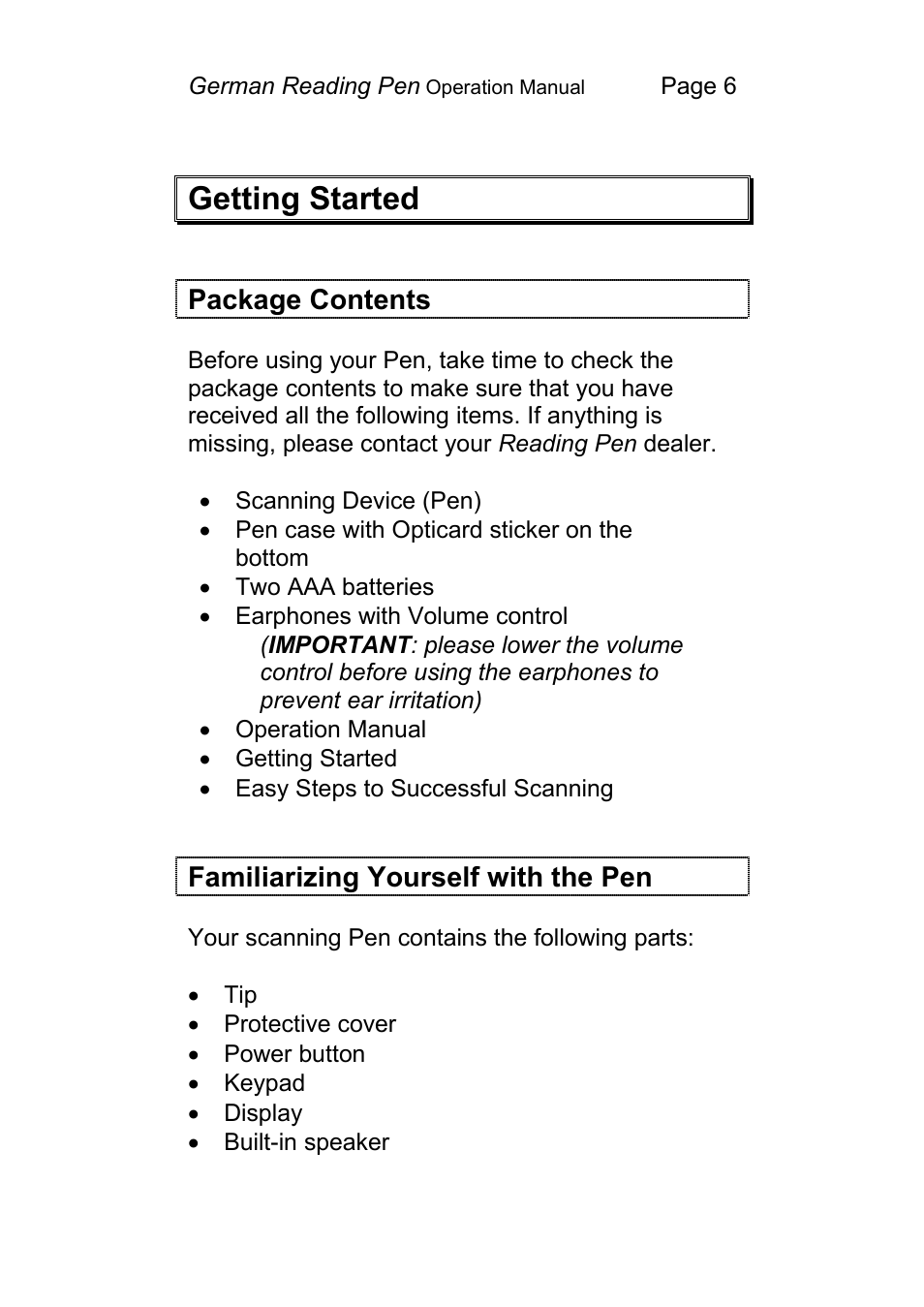 Getting started, Package contents, Familiarizing yourself with the pen | Wizcom Pen Scanner User Manual | Page 6 / 59