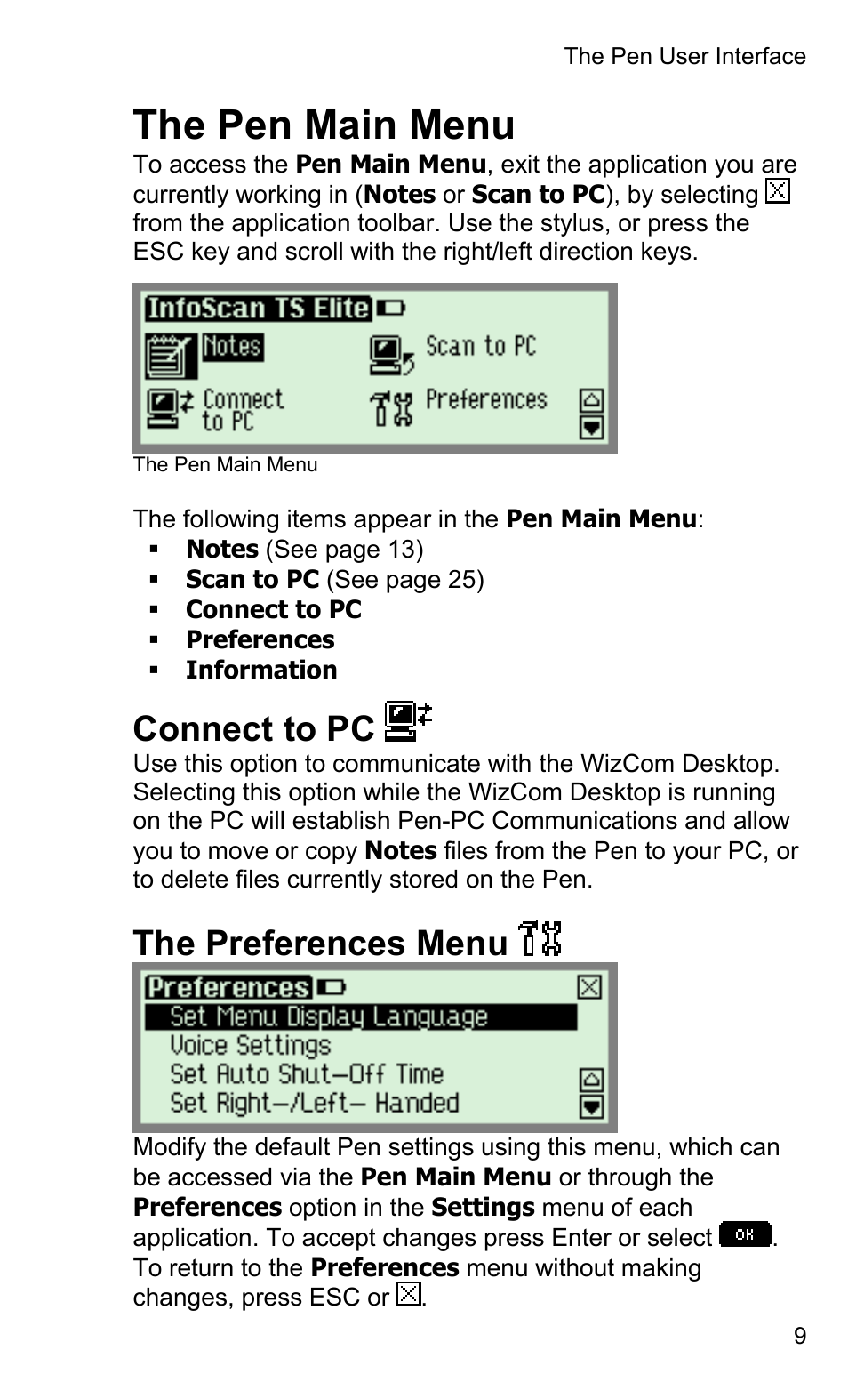 The pen main menu, Connect to pc, The preferences menu | Wizcom InfoScan TS Elite User Manual | Page 11 / 46