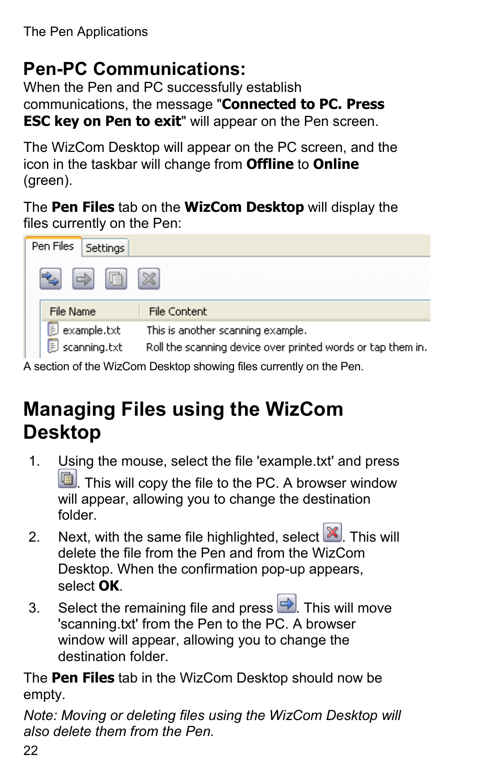 Managing files using the wizcom desktop, Pen-pc communications | Wizcom InfoScan TS Elite User Manual | Page 24 / 46