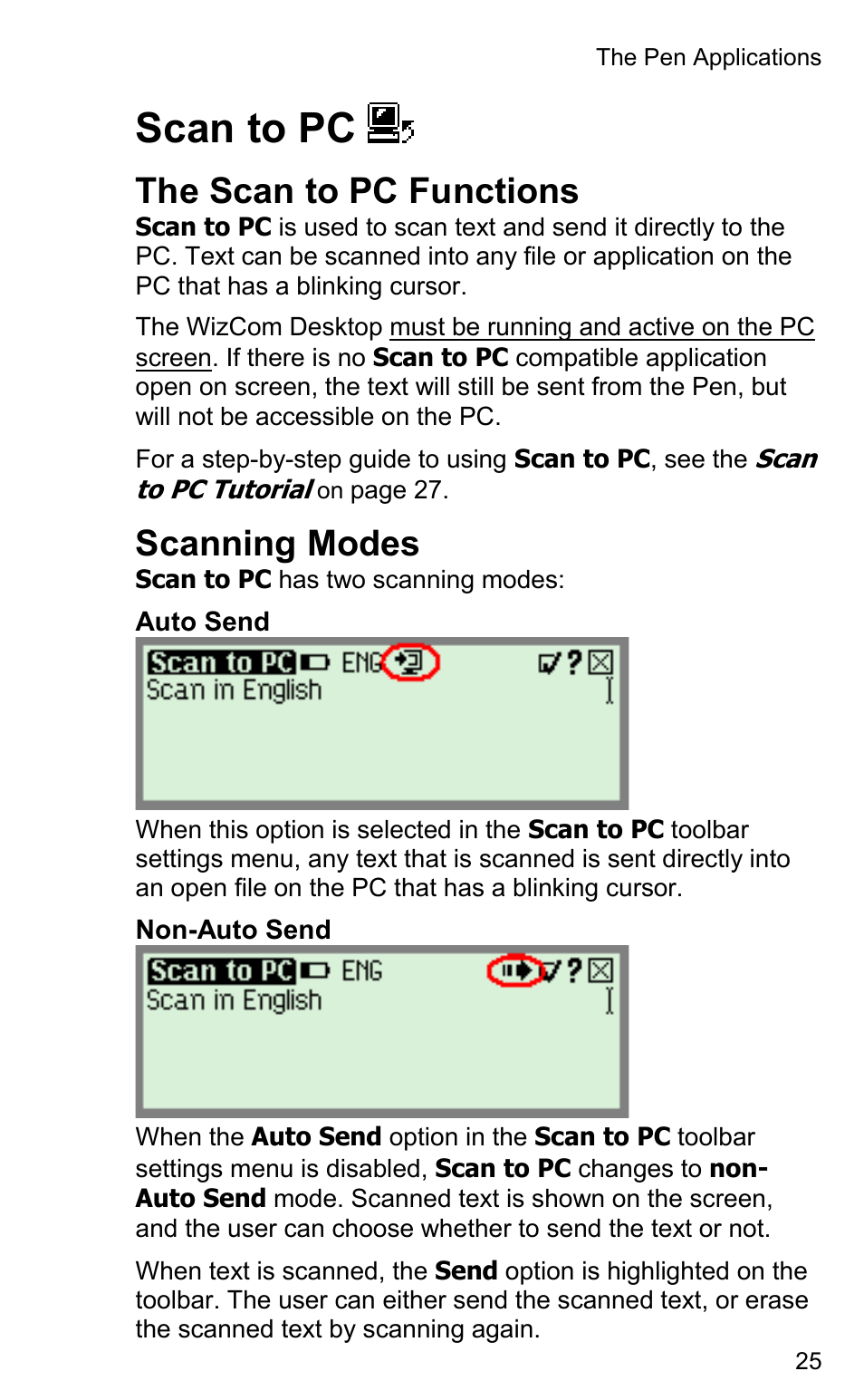 Scan to pc, The scan to pc functions, Scanning modes | Wizcom InfoScan TS Elite User Manual | Page 27 / 46