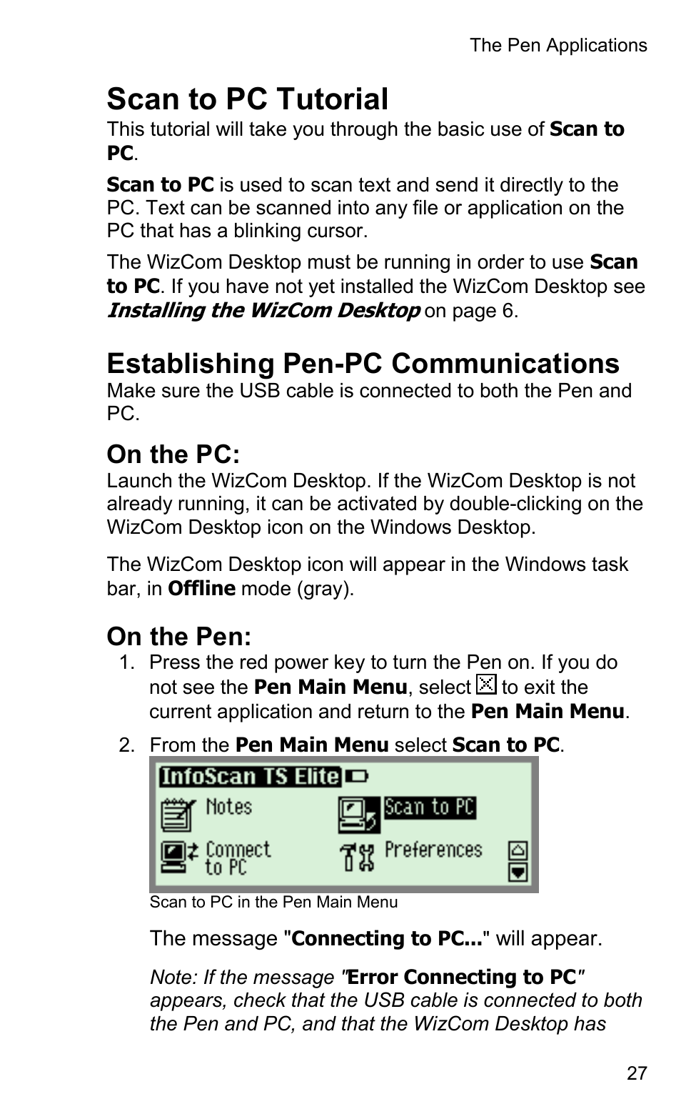 Scan to pc tutorial, Establishing pen-pc communications, On the pc | On the pen | Wizcom InfoScan TS Elite User Manual | Page 29 / 46