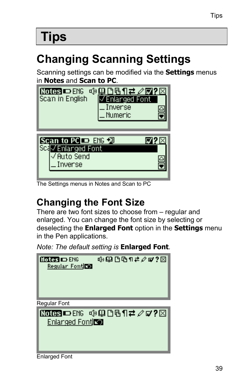 Tips, Changing scanning settings, Changing the font size | Wizcom InfoScan TS Elite User Manual | Page 41 / 46