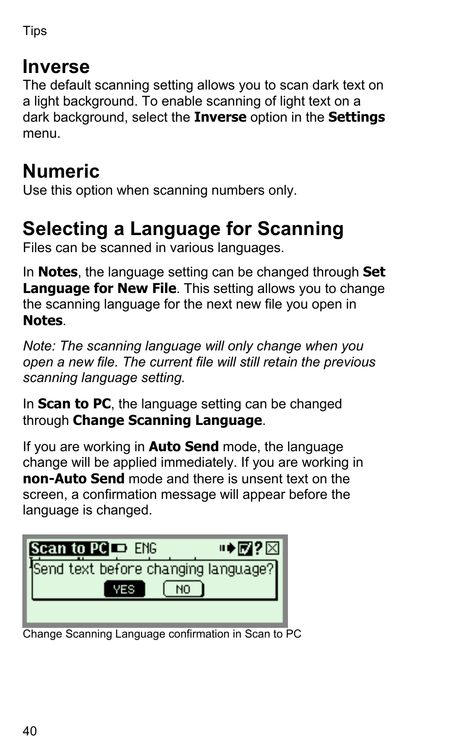 Inverse, Numeric, Selecting a language for scanning | Wizcom InfoScan TS Elite User Manual | Page 42 / 46