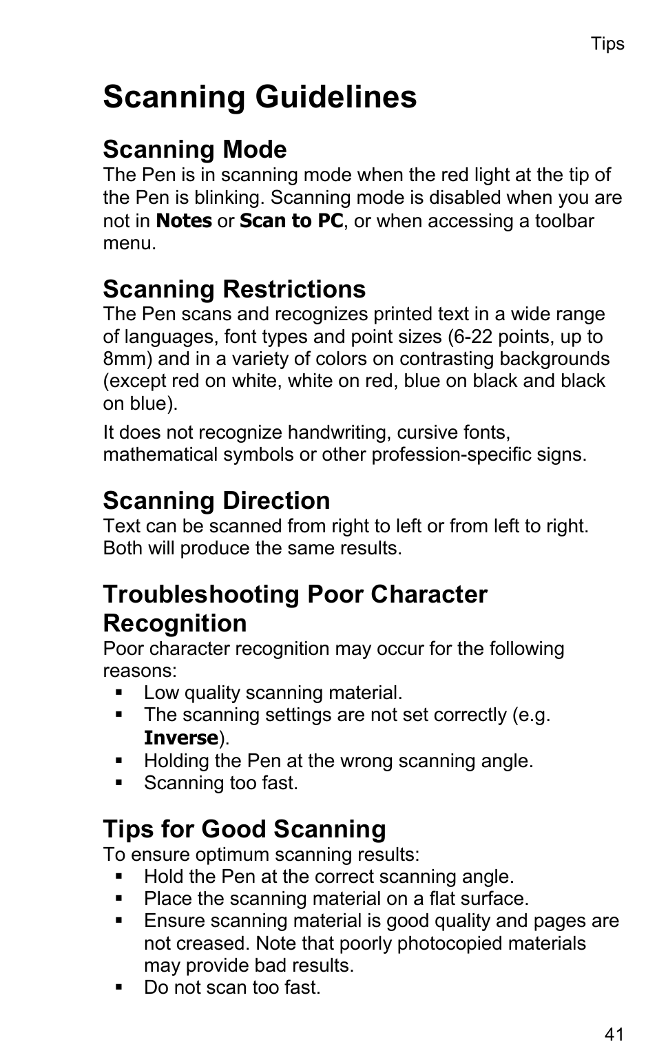 Scanning guidelines, Scanning mode, Scanning restrictions | Scanning direction, Troubleshooting poor character recognition, Tips for good scanning | Wizcom InfoScan TS Elite User Manual | Page 43 / 46