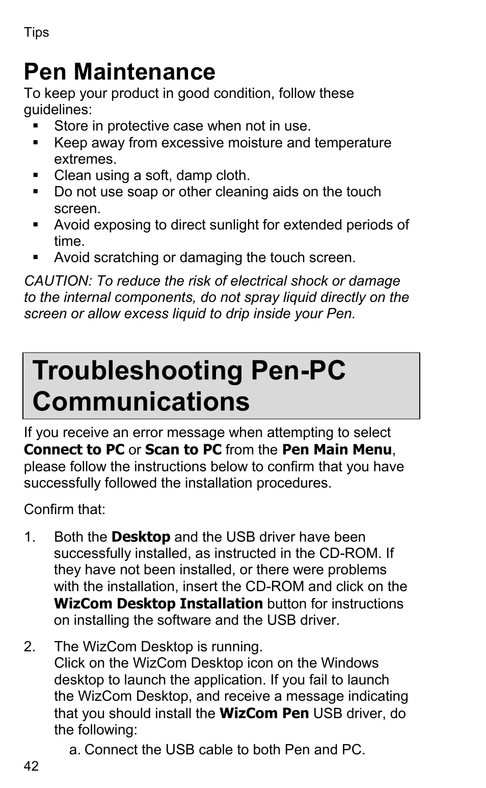 Troubleshooting pen-pc communications, Pen maintenance | Wizcom InfoScan TS Elite User Manual | Page 44 / 46