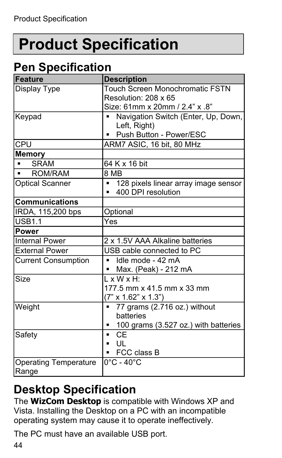 Product specification, Pen specification, Desktop specification | Wizcom InfoScan TS Elite User Manual | Page 46 / 46