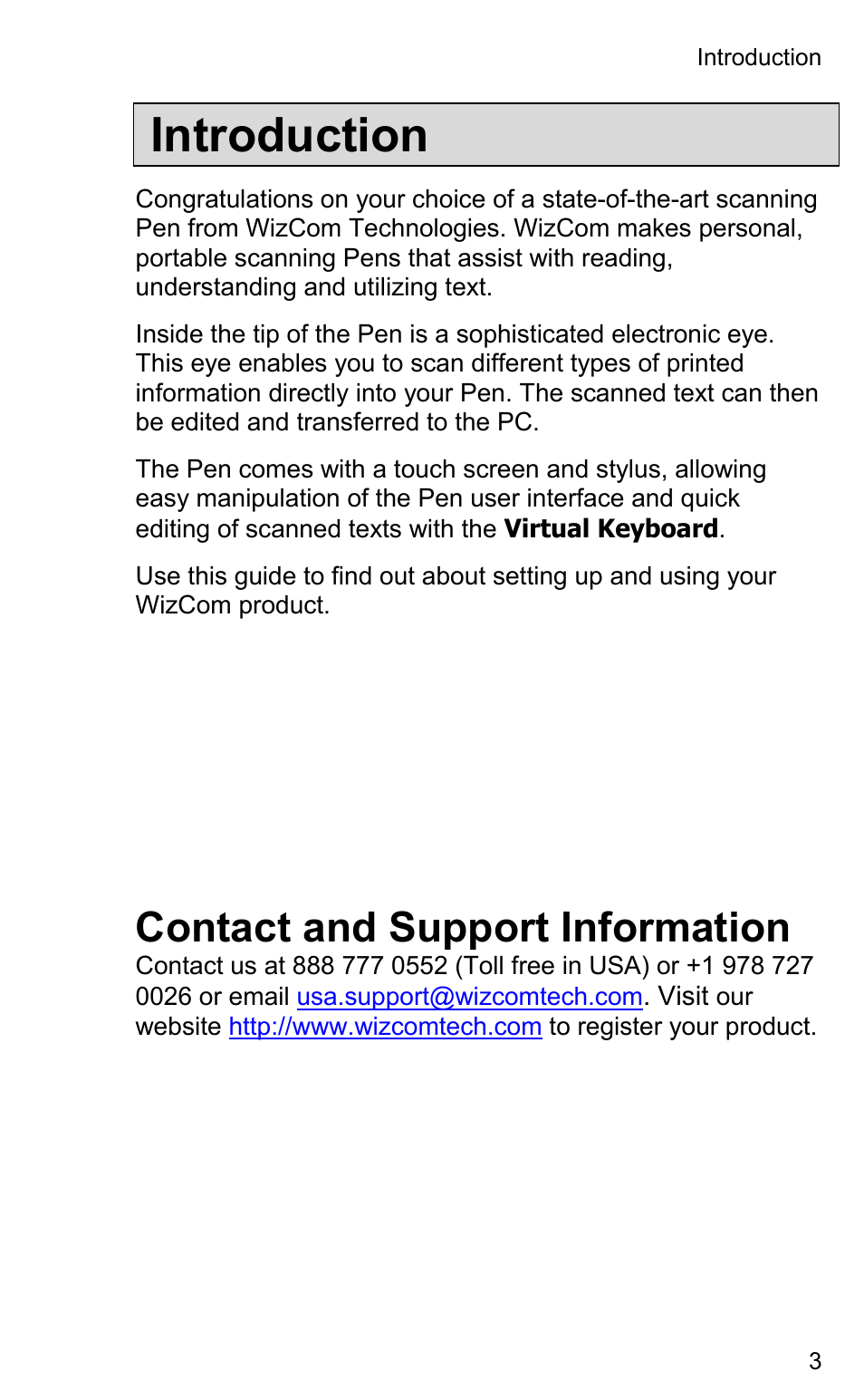 Introduction, Contact and support information | Wizcom InfoScan TS Elite User Manual | Page 5 / 46