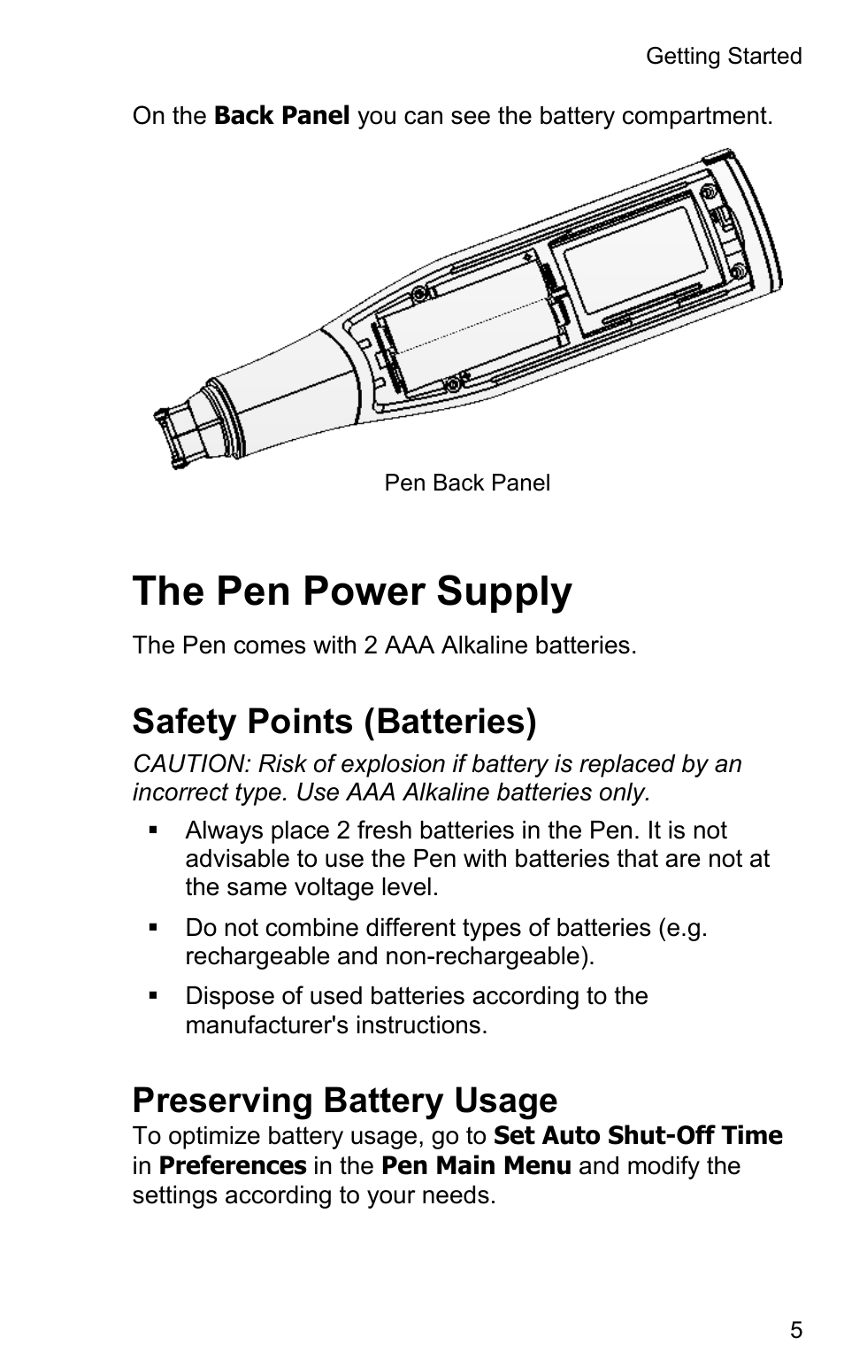 The pen power supply, Safety points (batteries), Preserving battery usage | Wizcom InfoScan TS Elite User Manual | Page 7 / 46