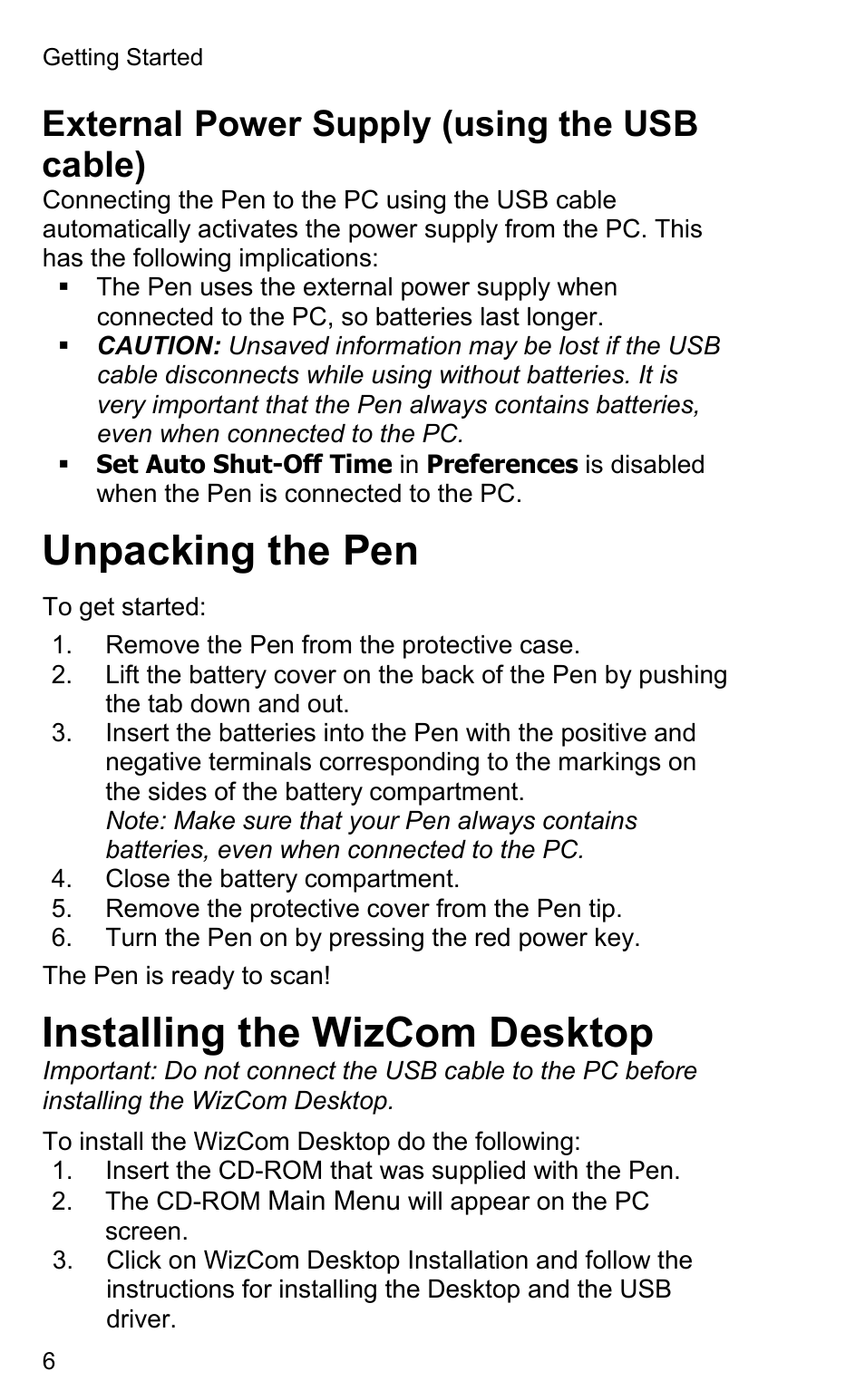 Unpacking the pen, Installing the wizcom desktop, External power supply (using the usb cable) | Wizcom InfoScan TS Elite User Manual | Page 8 / 46