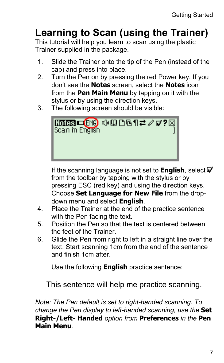 Learning to scan (using the trainer), This sentence will help me practice scanning | Wizcom InfoScan TS Elite User Manual | Page 9 / 46