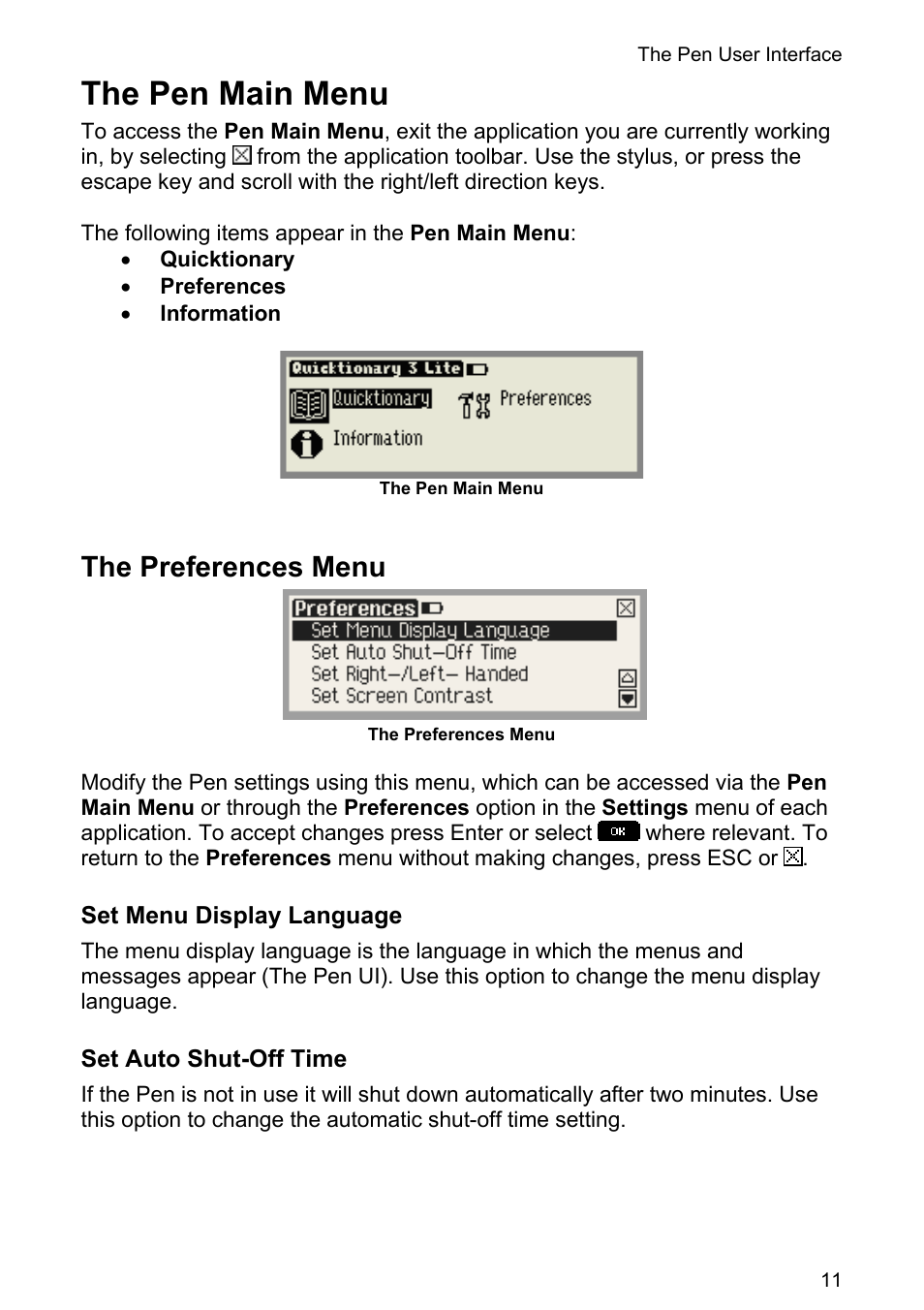 The pen main menu, The preferences menu | Wizcom Quicktionary 3 Lite User Manual | Page 11 / 21
