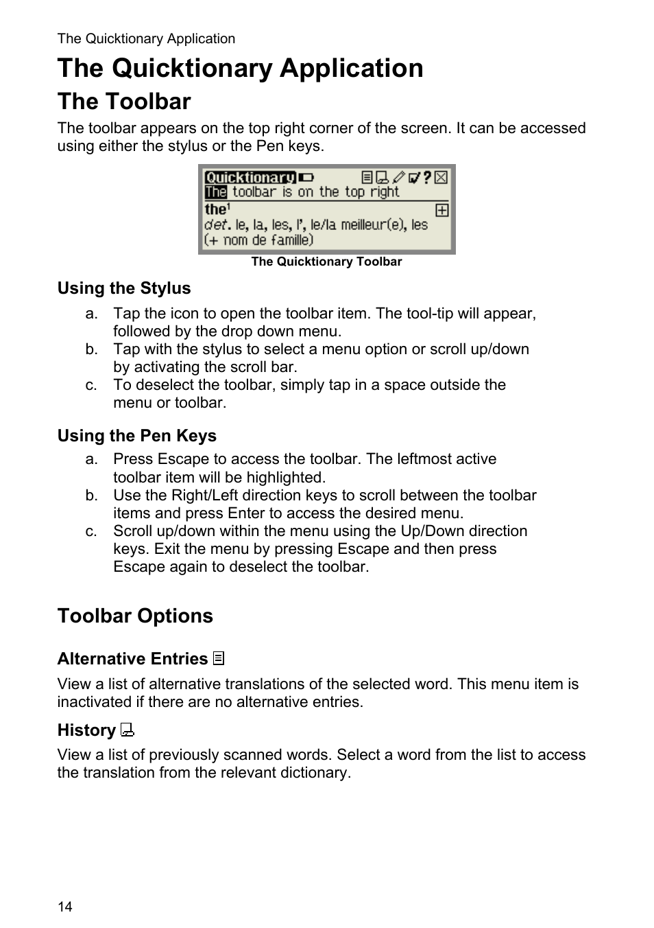 The quicktionary application, The toolbar, Toolbar options | Wizcom Quicktionary 3 Lite User Manual | Page 14 / 21