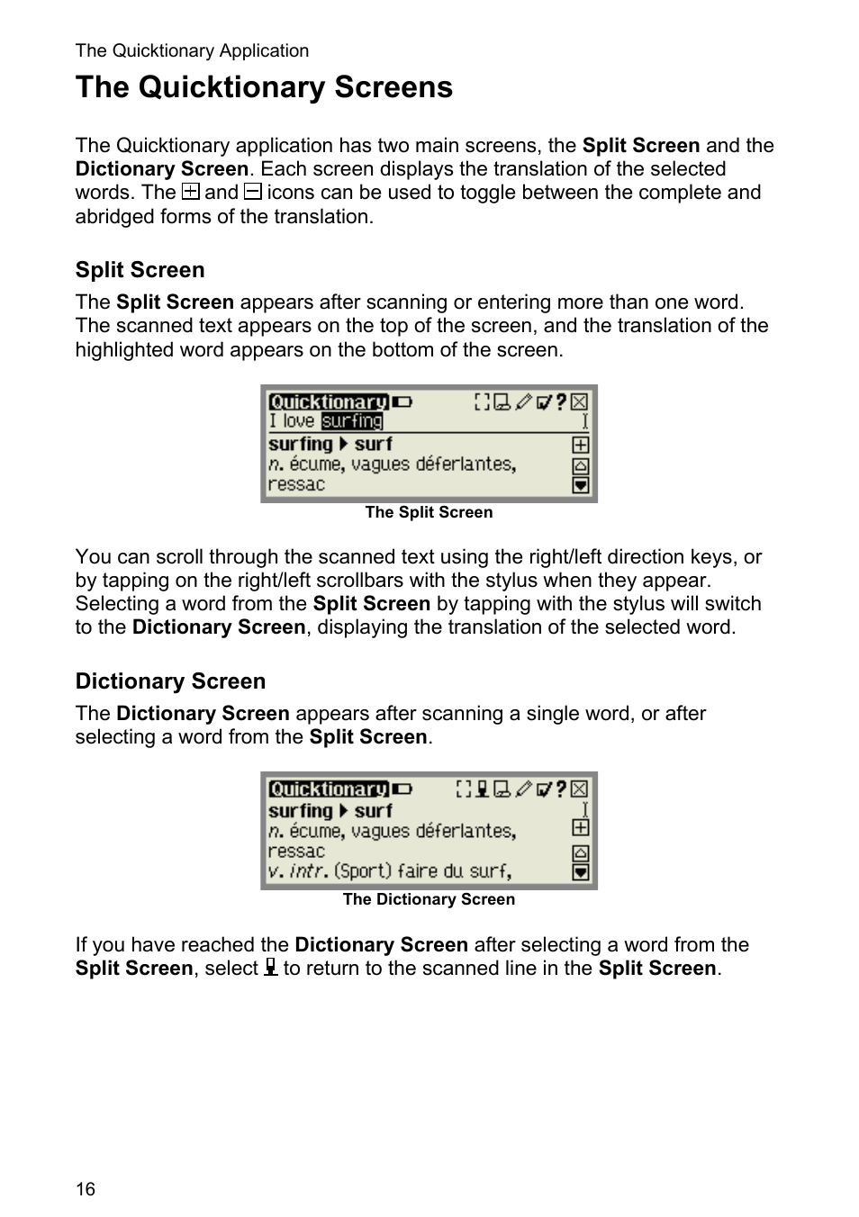 The quicktionary screens | Wizcom Quicktionary 3 Lite User Manual | Page 16 / 21
